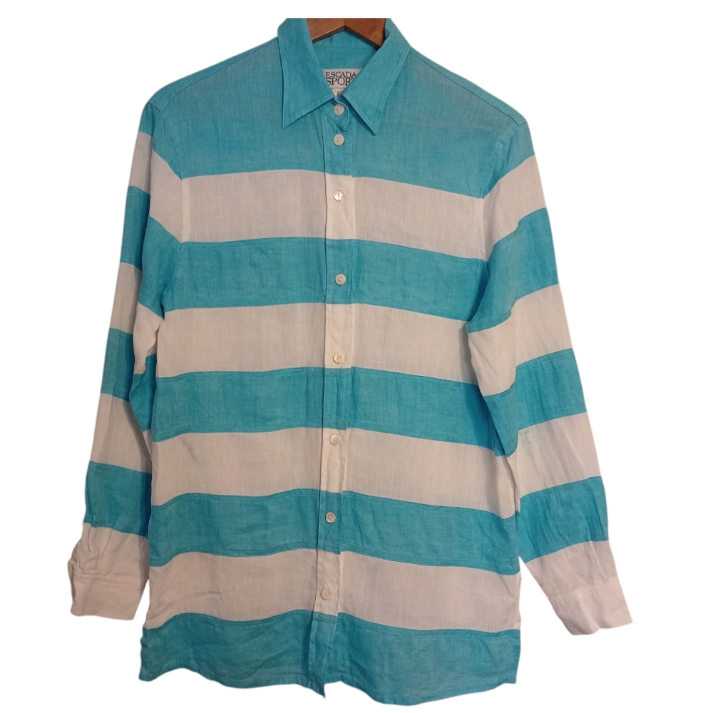Vintage Escada Sport 100% Linen Long Sleeve Striped Button Down Top Aqua